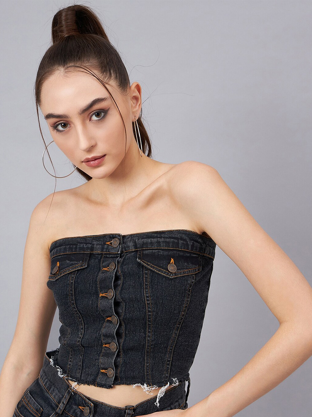 Orchid Blues Strapless Cotton Denim Tube Crop Top