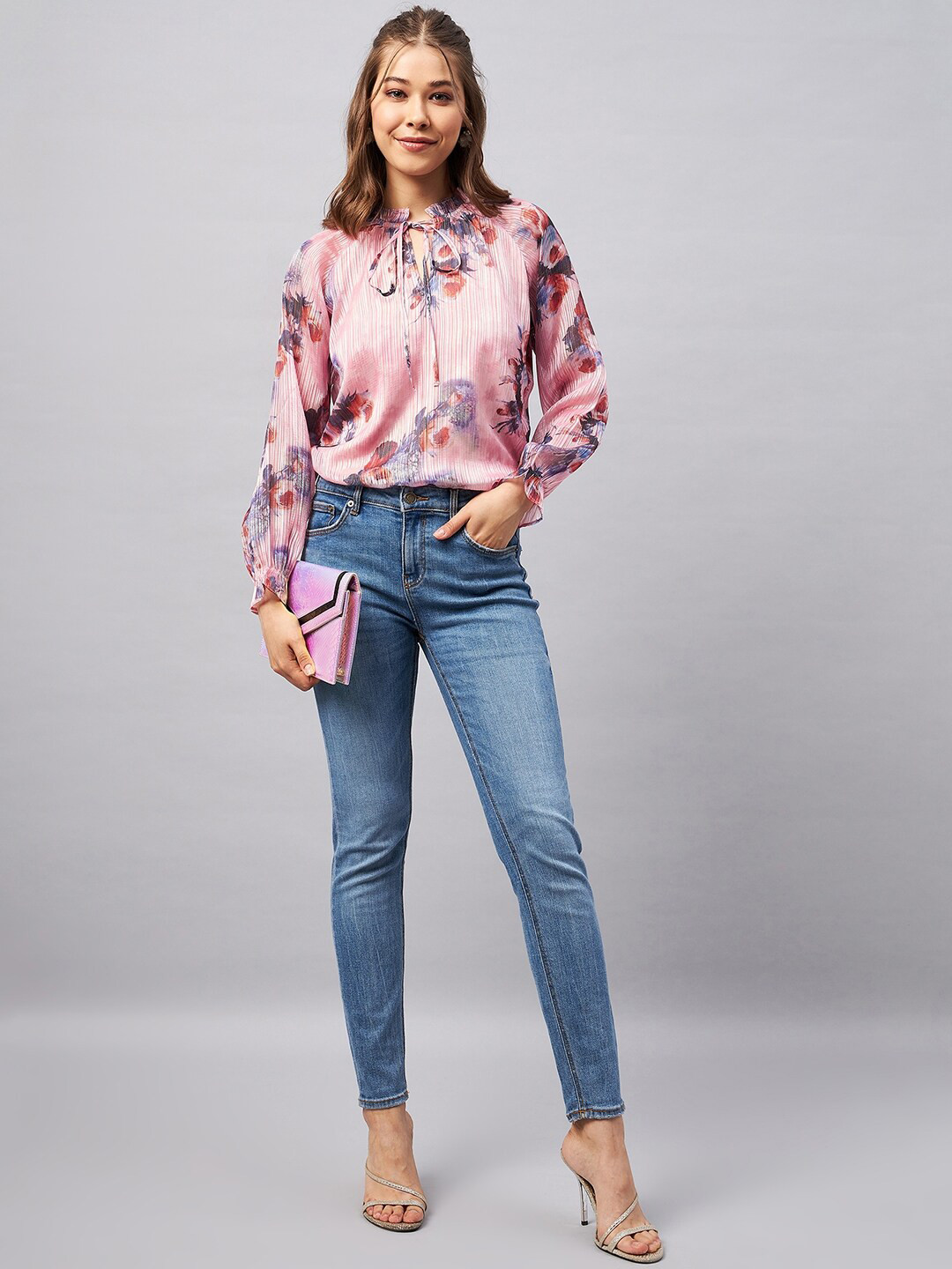 Pink Floral Tie-up Neck Long Sleeve Top