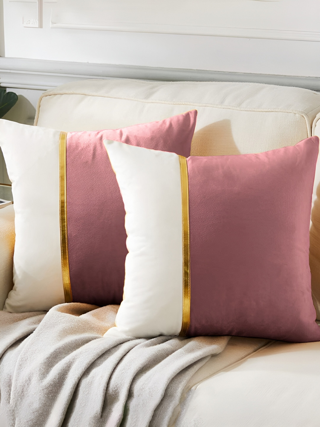 AEROHAVEN Rose Gold Colourblocked Velvet Durable 2 Pcs Patchwork Cushion Covers -16x16In