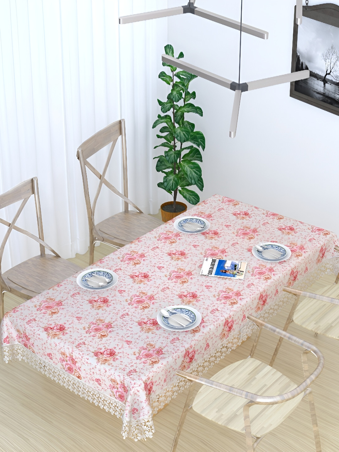 MONKDECOR White & Pink Floral Printed Cotton 6 Seater Table Cover With Lace Details