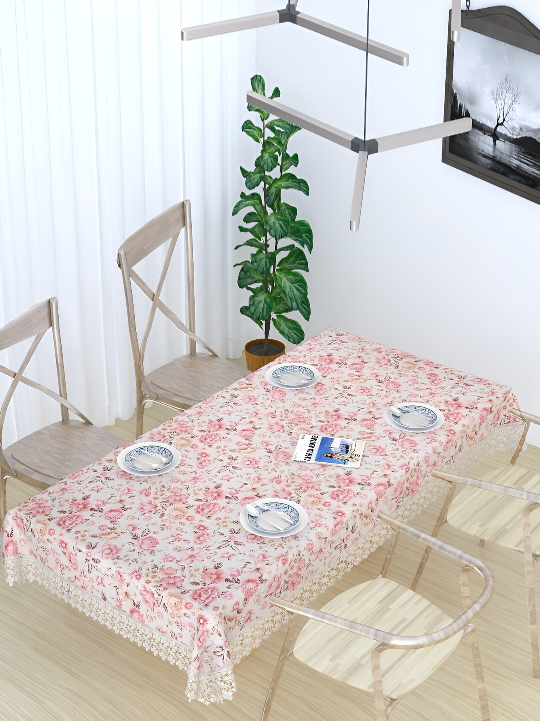 MONKDECOR White & Pink Floral Printed Cotton 6 Seater Table Cover With Lace Details