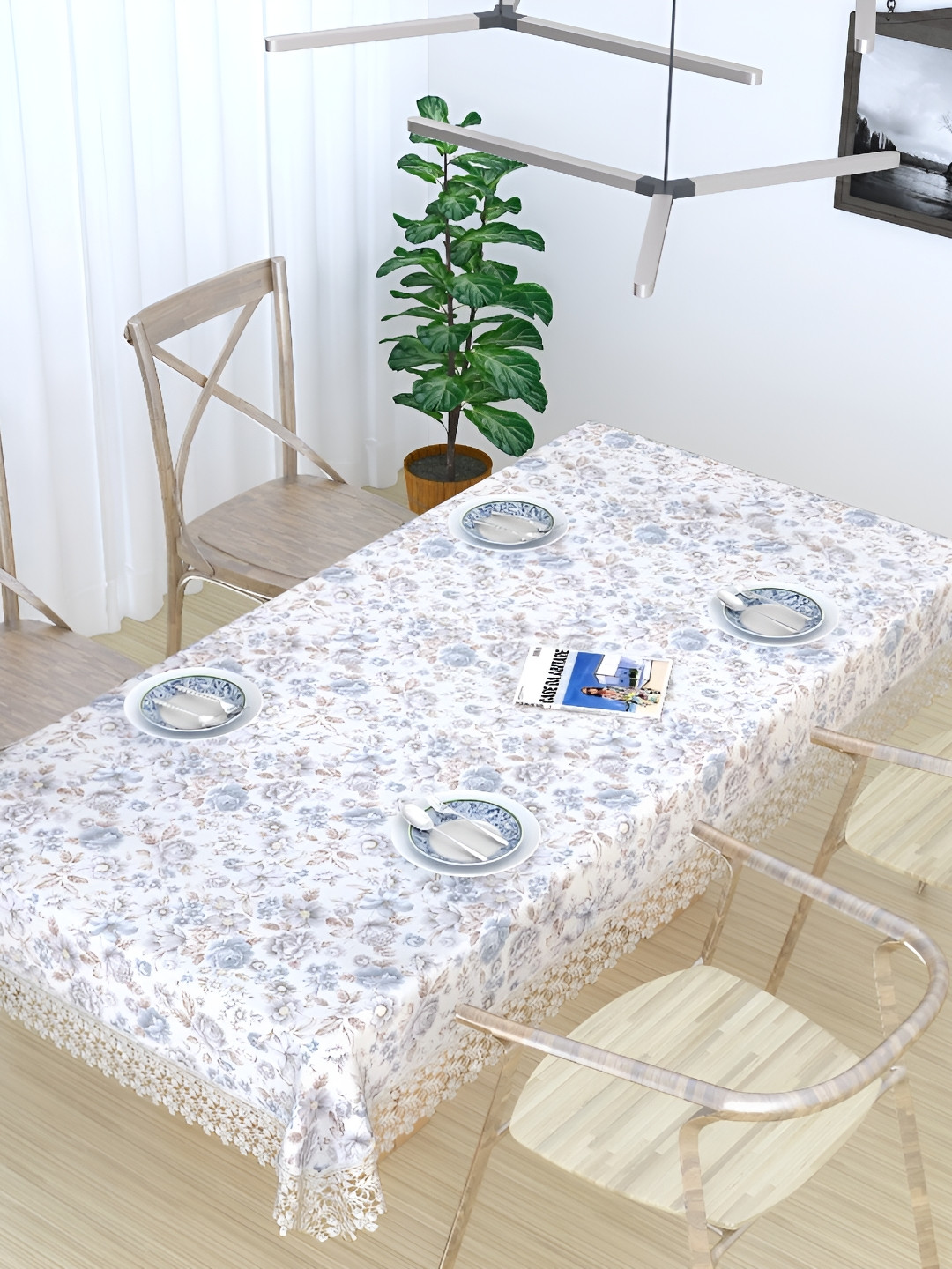 MONKDECOR White & Blue Floral Printed Cotton 6 Seater Table Cover With Lace Details