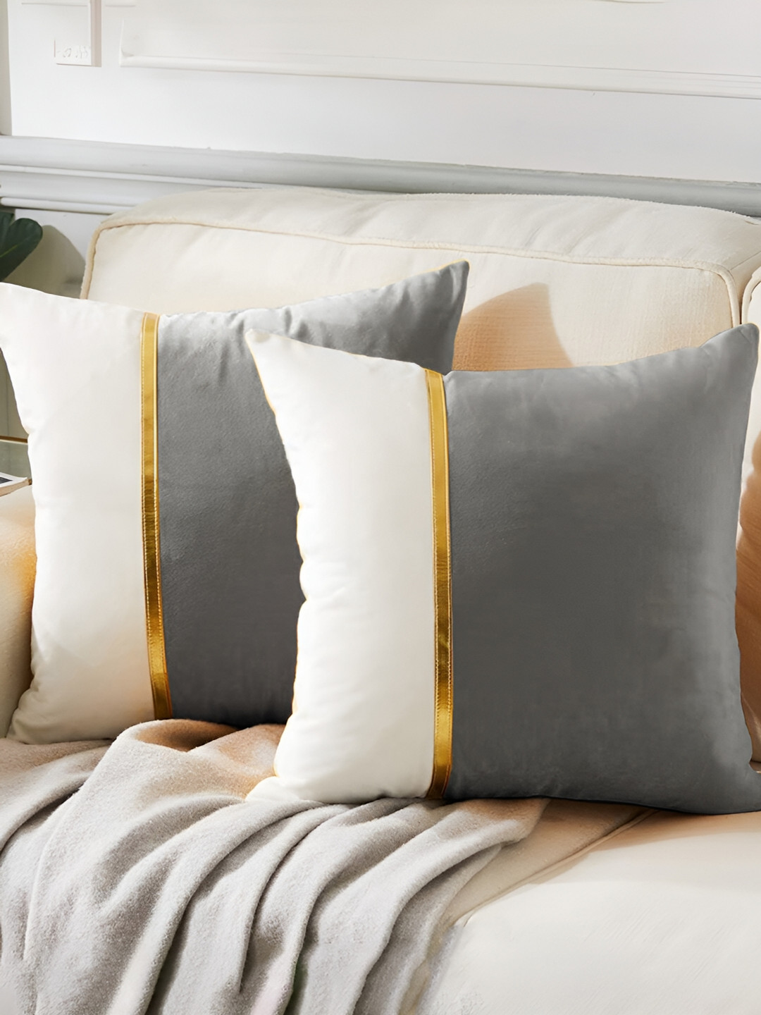 AEROHAVEN Solid Grey Colourblocked Velvet Reversible 2 Pcs Cushion Covers - 20 x 20 Inches