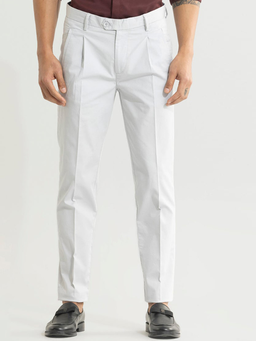 Snitch Men Grey Smart Slim Fit Cotton Formal Trousers