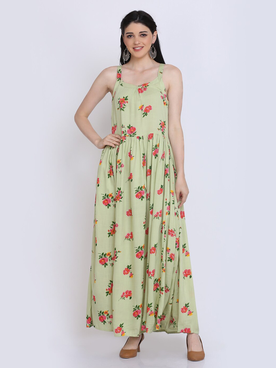 HANUMNTRA Floral Printed Sleeveless A-Line Maxi Dress