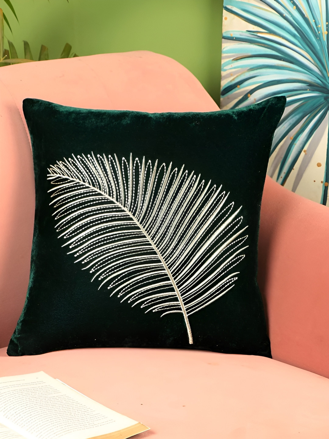 Decoghar Green Zari Embroidered 2 Pieces Square Cushion Cover