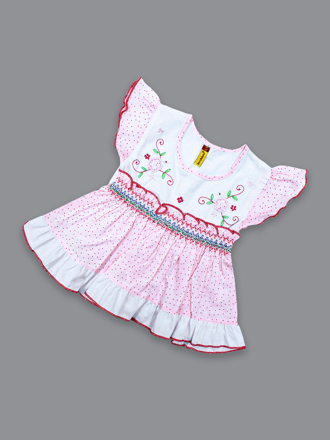 Born Babies Infant Girls Polka Dots Printed Embroidered Fit & Flare Organic Cotton Dress