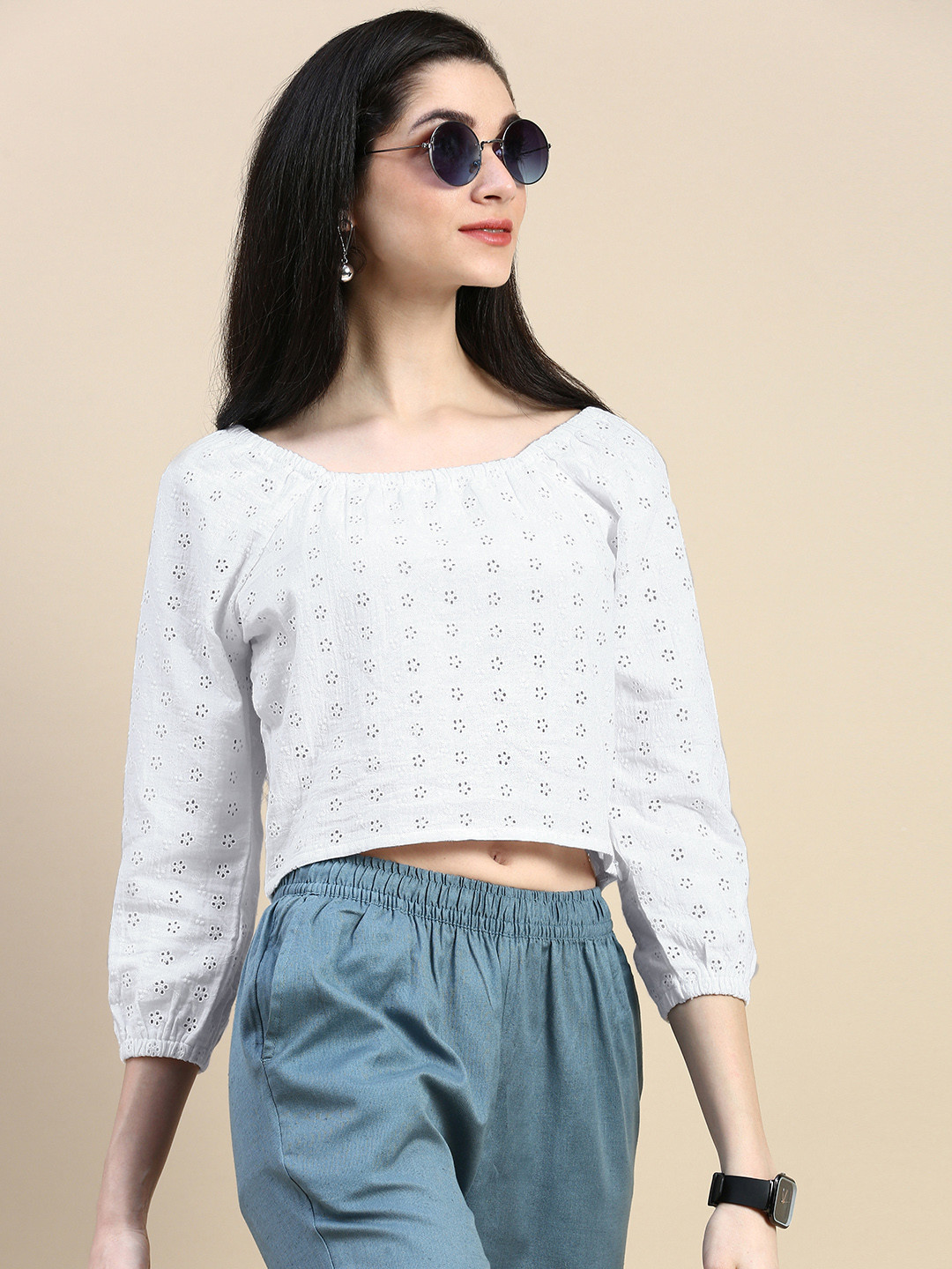 De Moza Self Design Square Neck Puff Sleeves Cotton Schiffli Crop Top