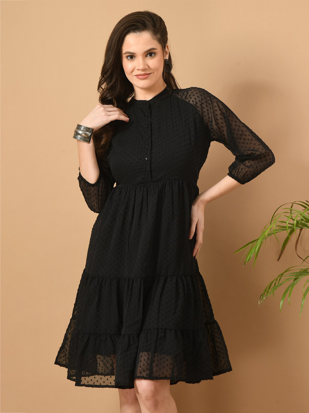 Black Self Design Band Collar Puff Sleeve Dress