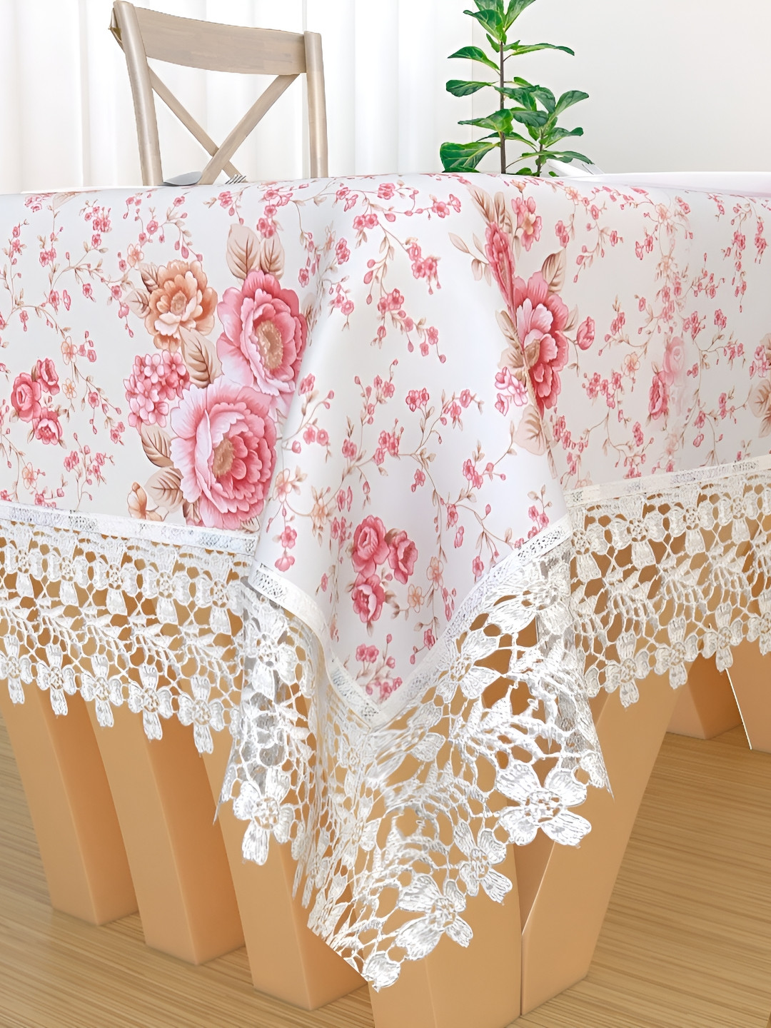 MONKDECOR White & Brown Floral Printed Cotton 4 Seater Table Cover With Lace Details