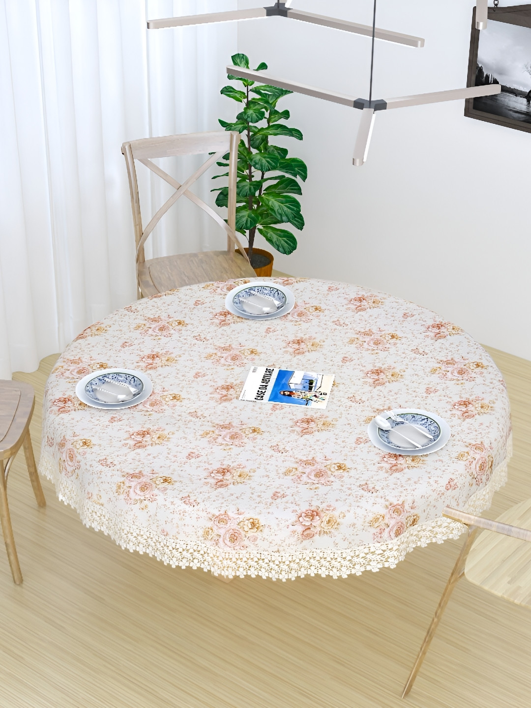 MONKDECOR White & Pink Floral Printed Cotton Round 2 Seater Table Cover With Lace Details