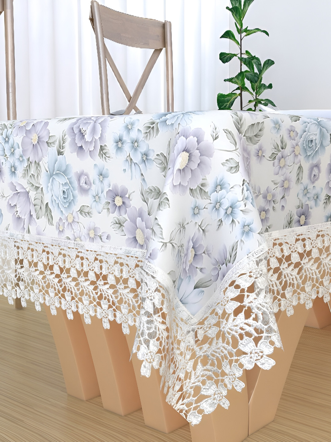 MONKDECOR White & Blue Floral Printed Cotton 4 Seater Table Cover With Lace Details