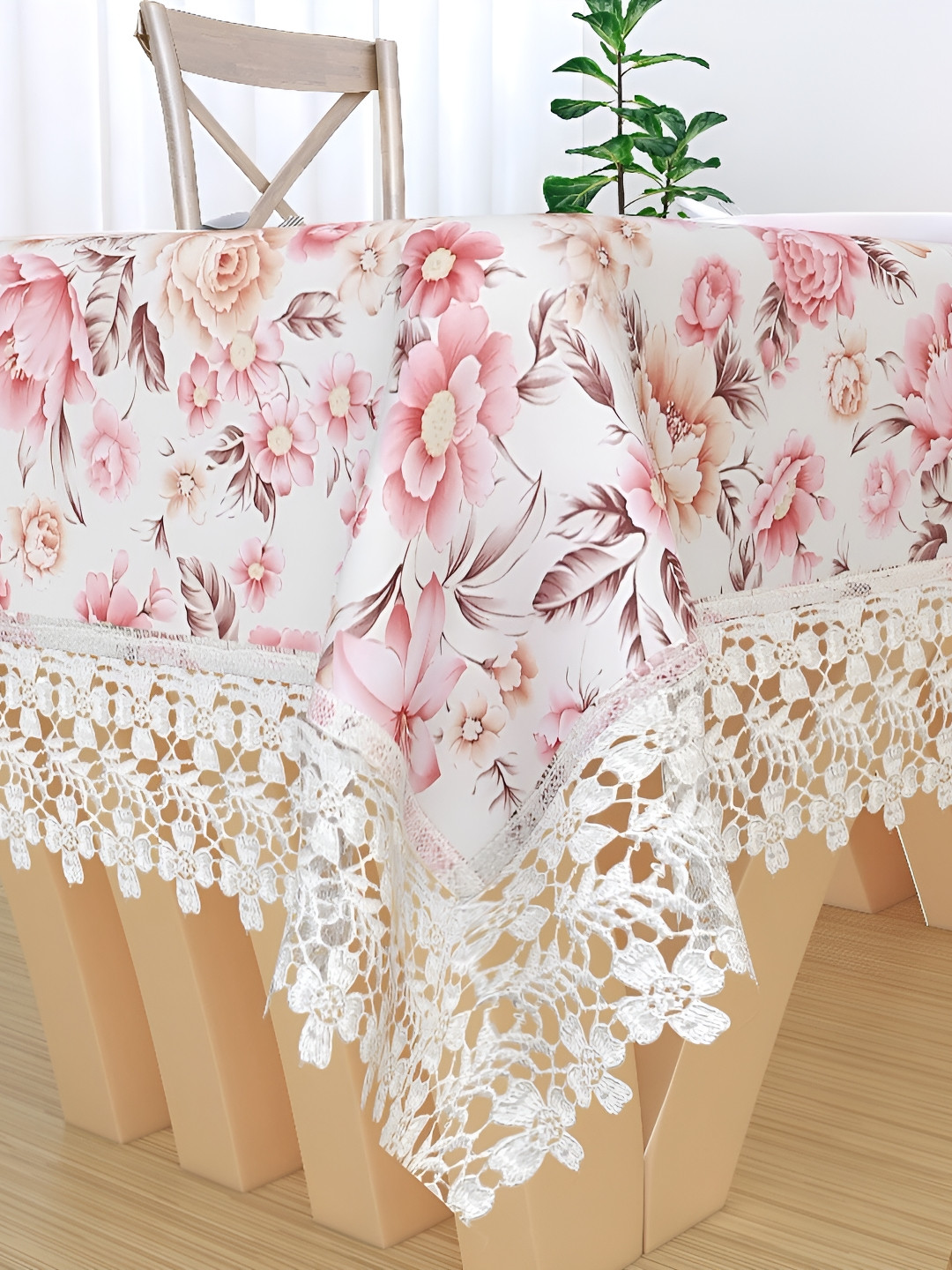 MONKDECOR White & Pink Floral Printed Cotton 4 Seater Table Cover With Lace Details