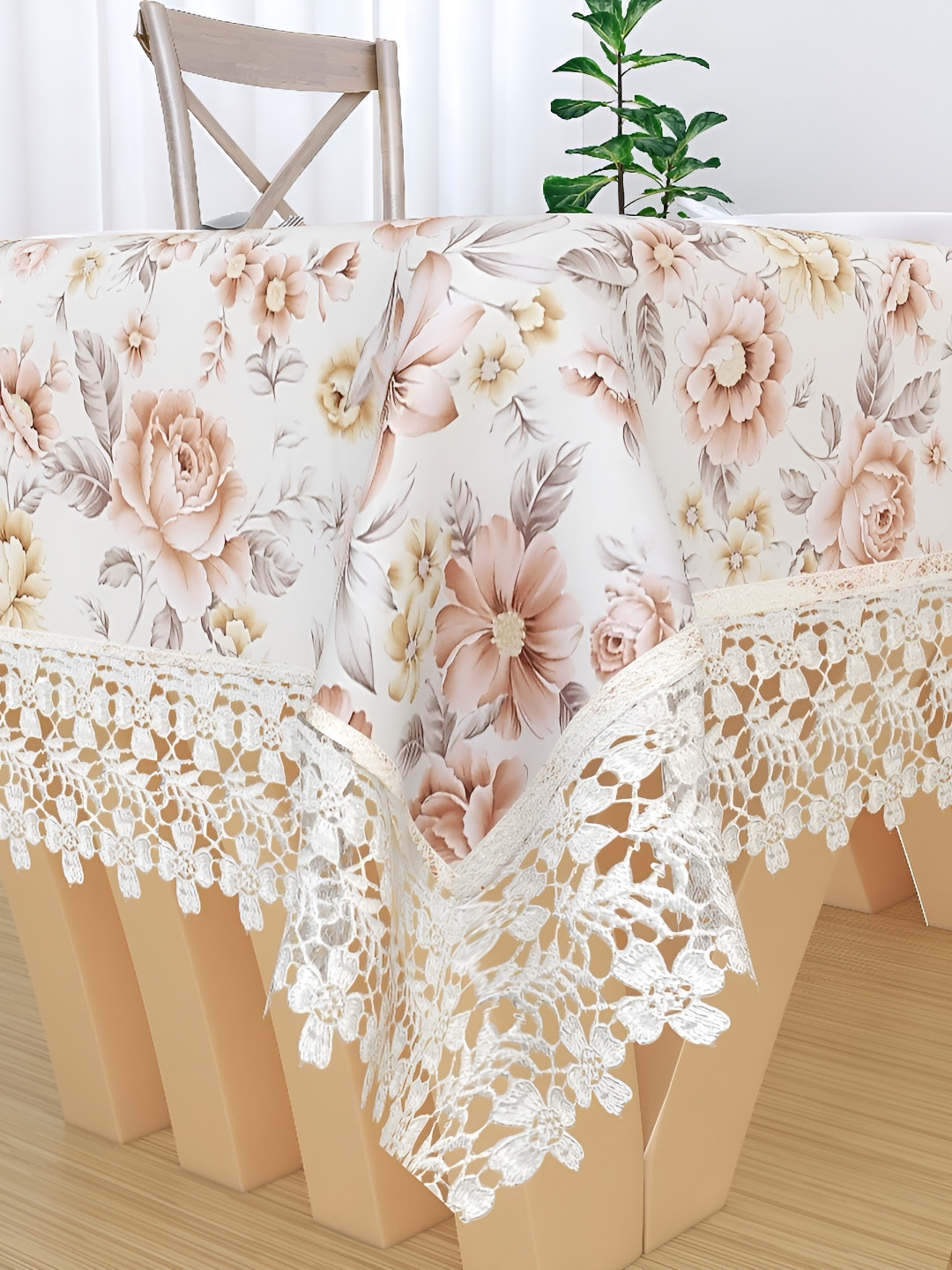 MONKDECOR White Floral Printed Cotton 4 Seater Table Cover With Lace Details
