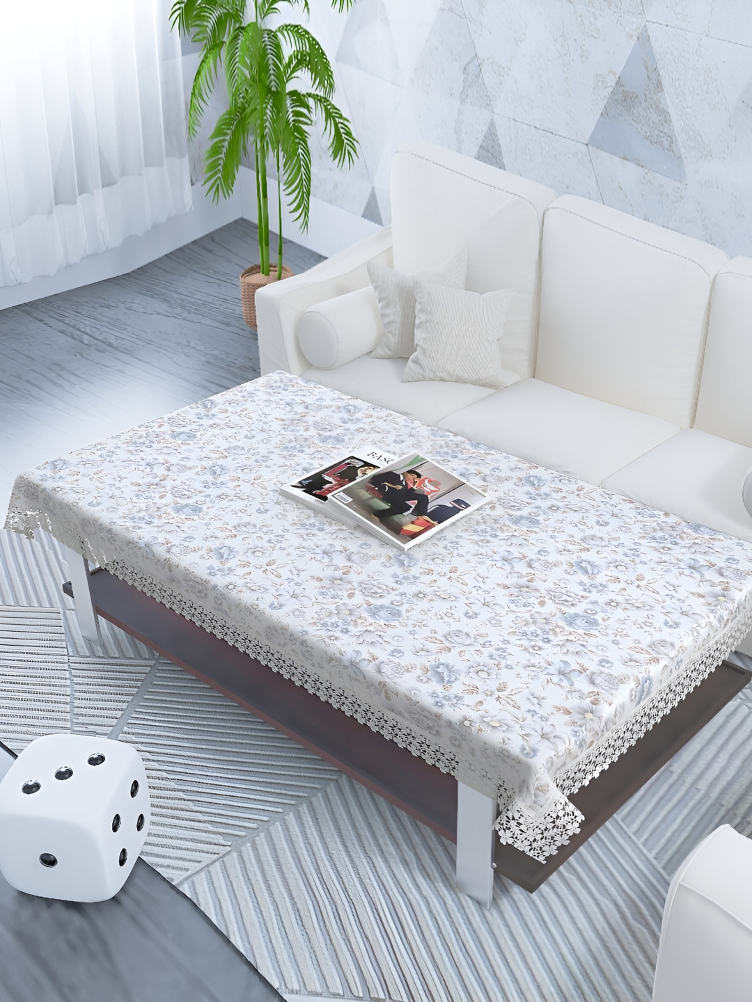 MONKDECOR White & Blue Floral Cotton 2 Seater Table Cover With Lace Details