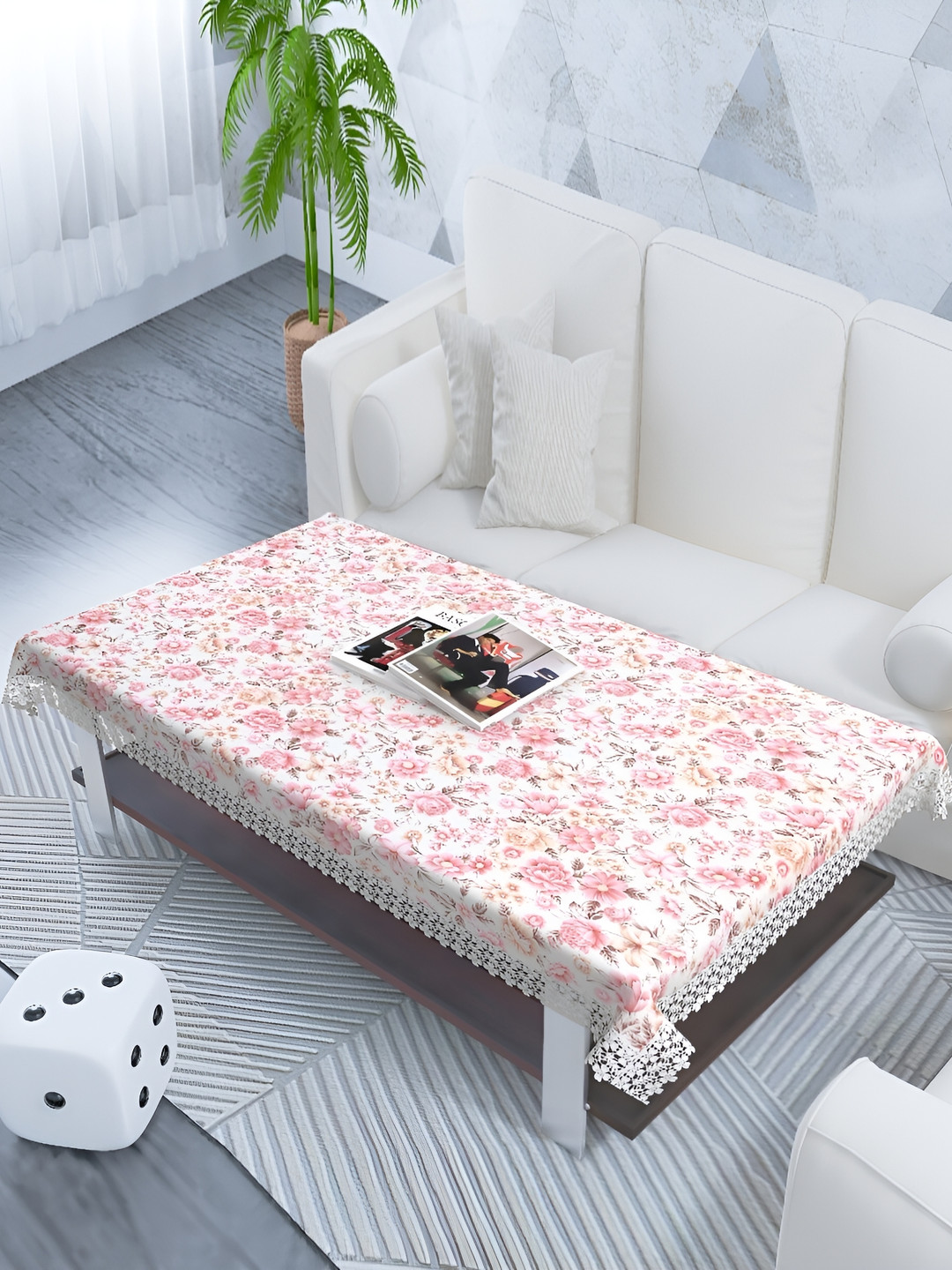 MONKDECOR White & Pink Floral Printed Cotton 2 Seater Table Cover With Lace Details