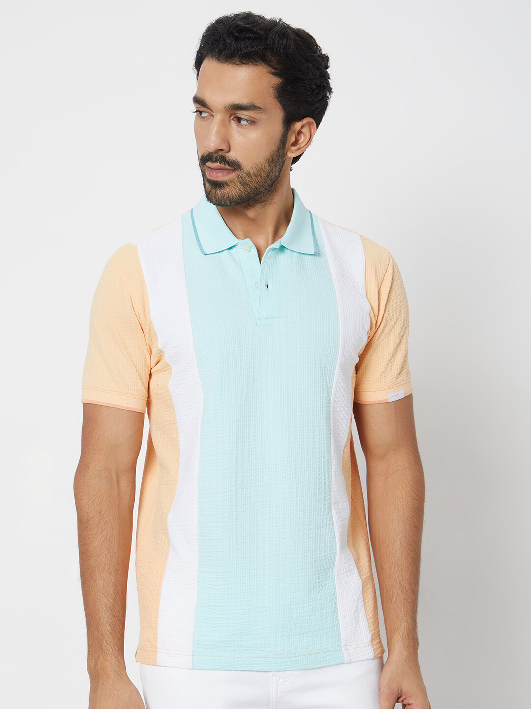 Mufti Colourblocked Polo Collar Slim Fit Cotton T-shirt