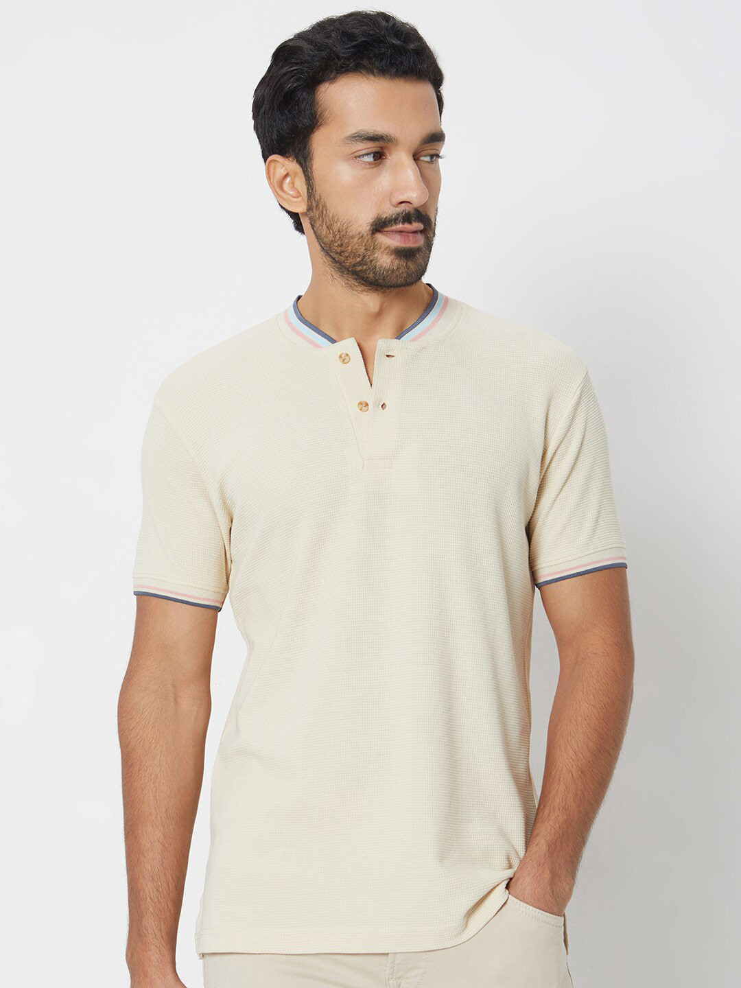 Mufti Slim Fit Mandarin Collar Cotton Casual T-shirt
