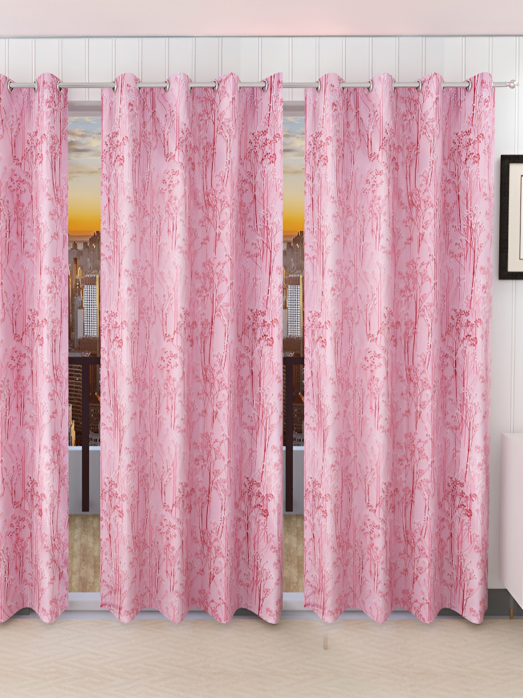 Stella Creations Pink 3 Pcs Printed Long Door Curtains