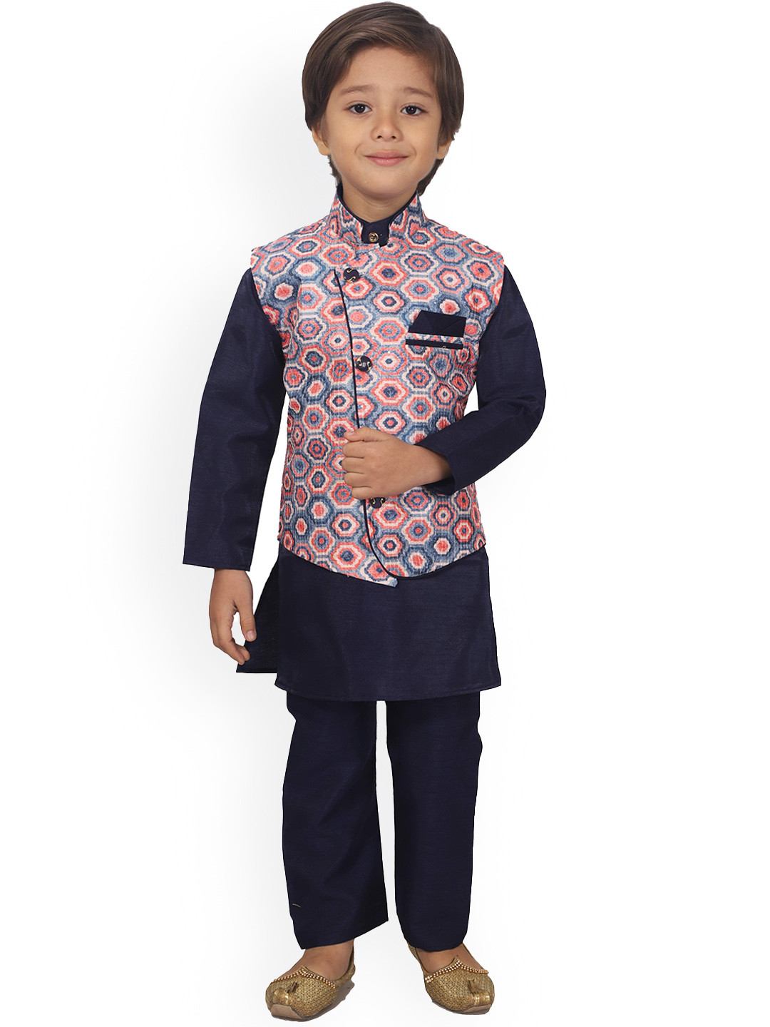 BAESD Boys Mandarin Collar Banarasi Silk Kurta With Pyjama & Waistcoat