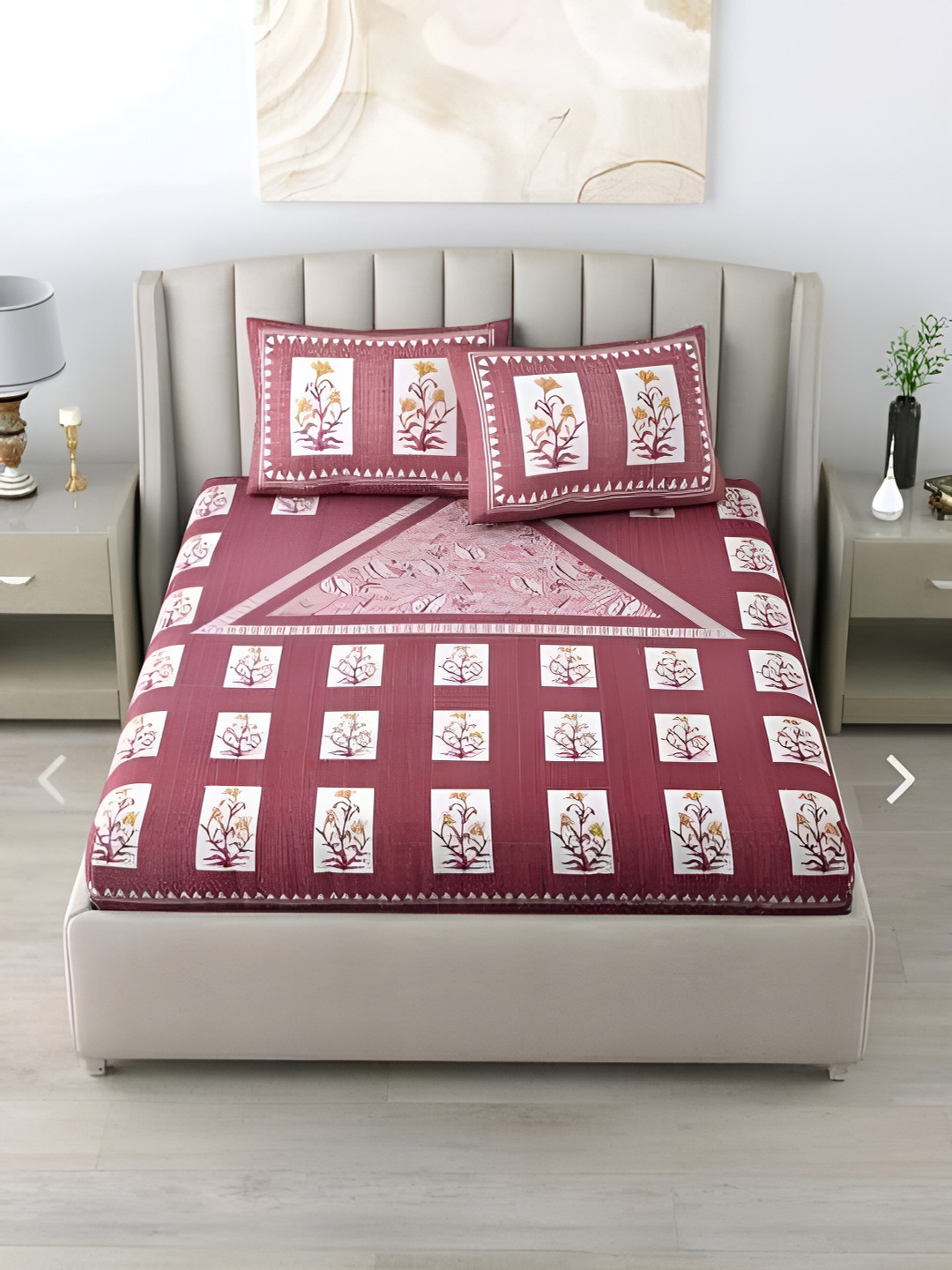 Runjhun Maroon Floral Cotton 144 TC Queen Bedsheet with 2 Pillow Covers-90 x 39 inches