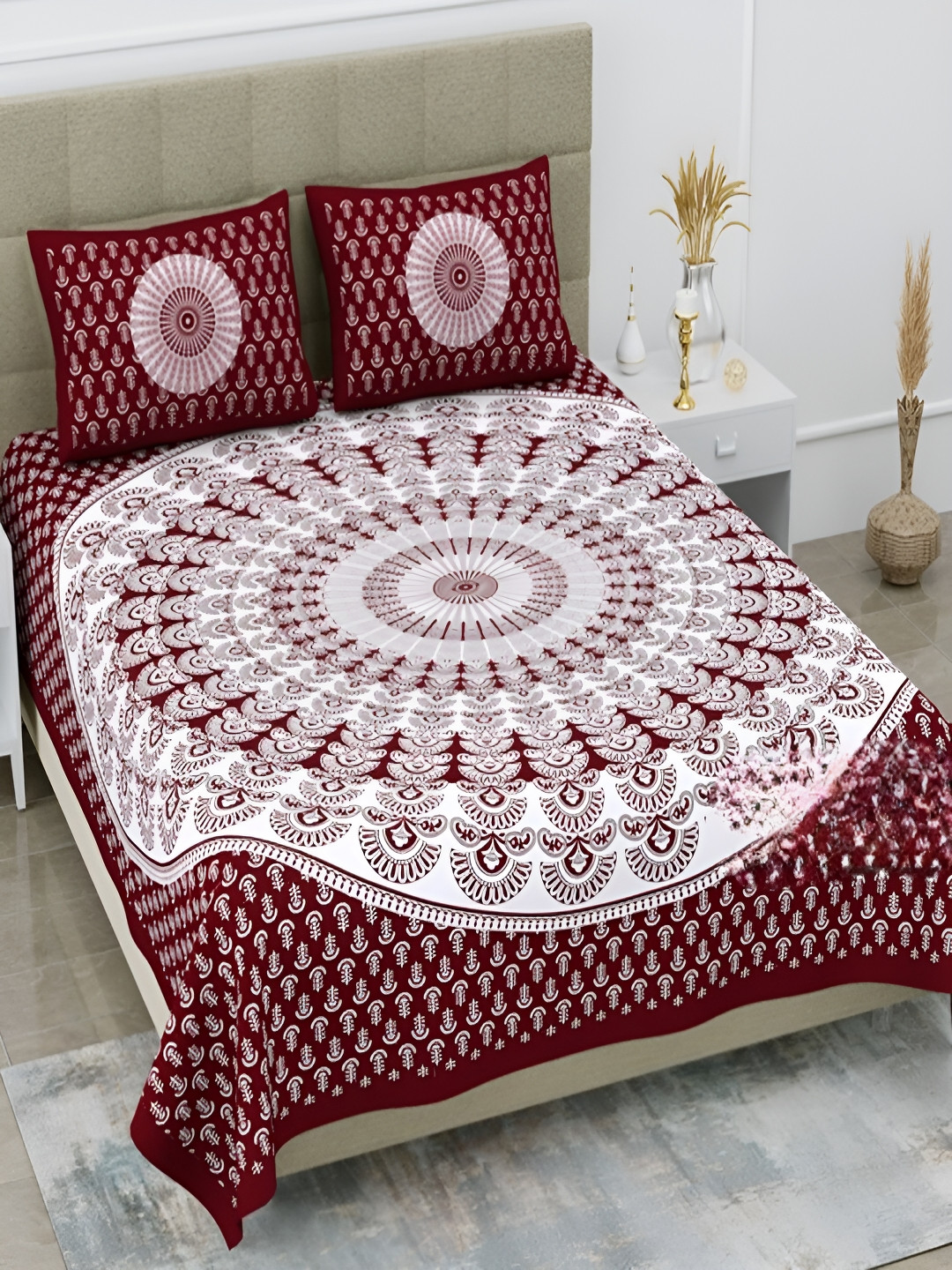 Runjhun Circle Mandala Maroon Ethnic Motifs Pure Cotton 144 TC Queen Bedsheet with 2 Pillow Covers-59 x 87 inches