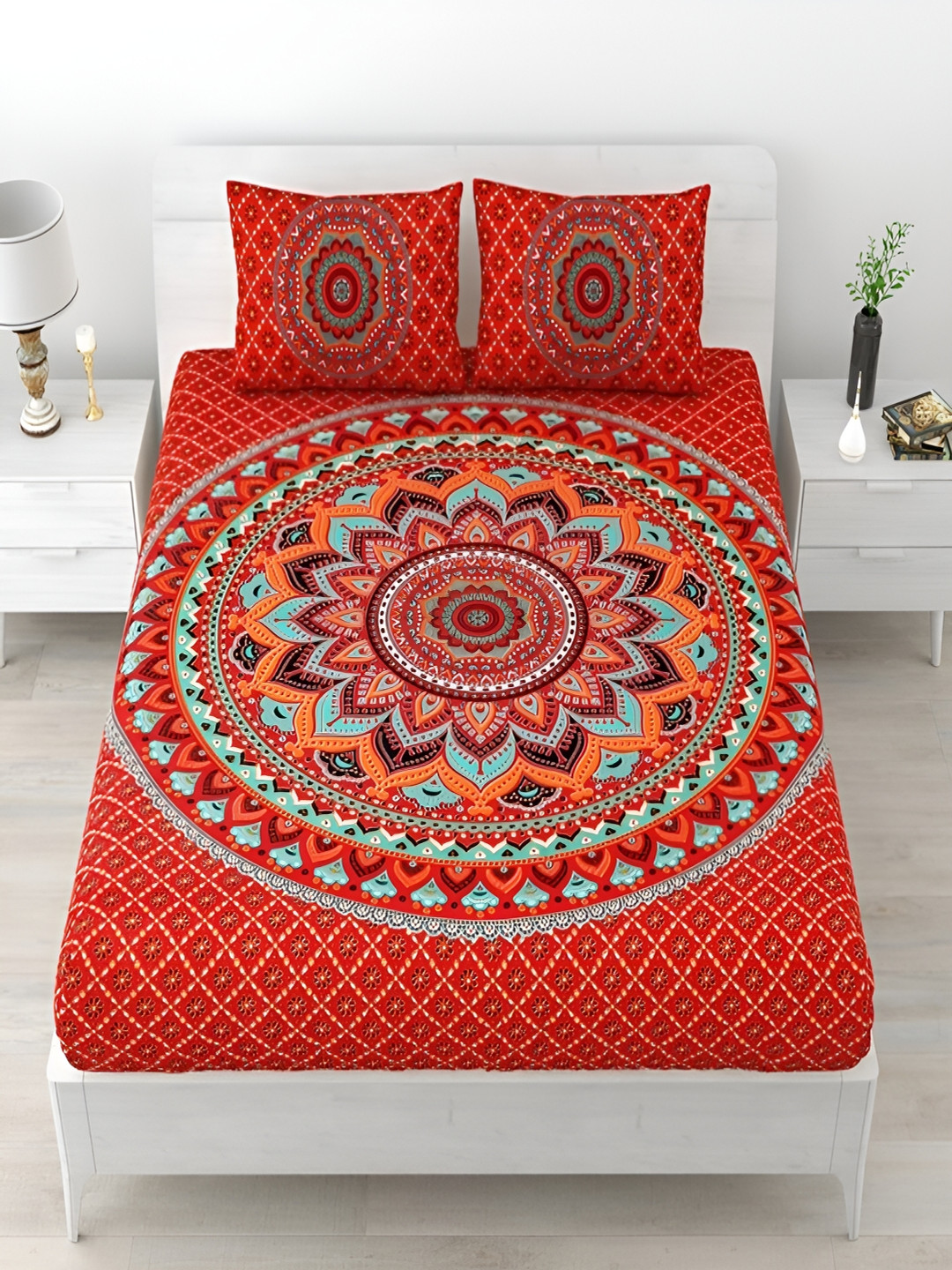 Runjhun Premium Red Floral Pure Cotton 240 TC King Fine Bedsheet with 2 Pillow Covers-90 x 43 inches