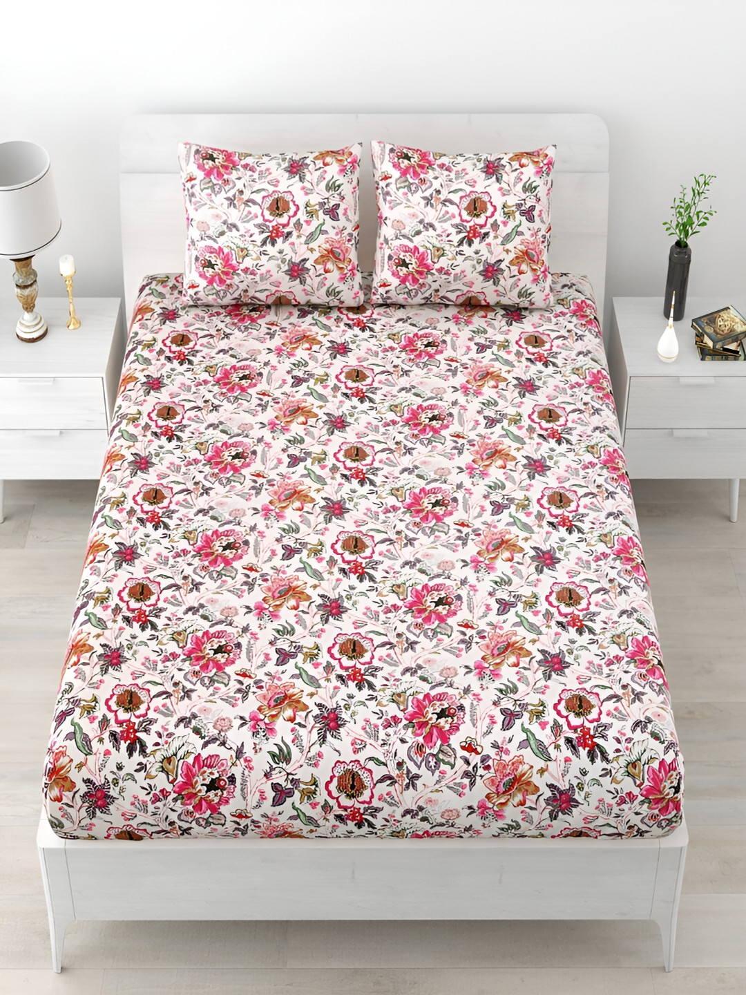 Runjhun Premium White Floral Pure Cotton 240 TC King Bedsheet with 2 Pillow Covers-87 x 93 inches