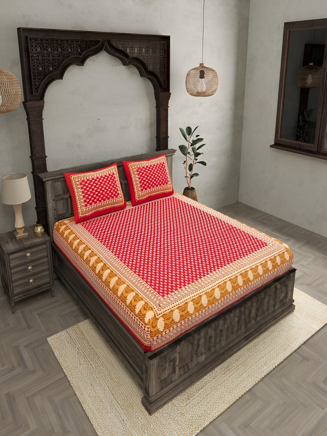 Runjhun Red Ethnic Motifs Cotton 144 TC Queen Bedsheet with 2 Pillow Covers-89 x 39 inches