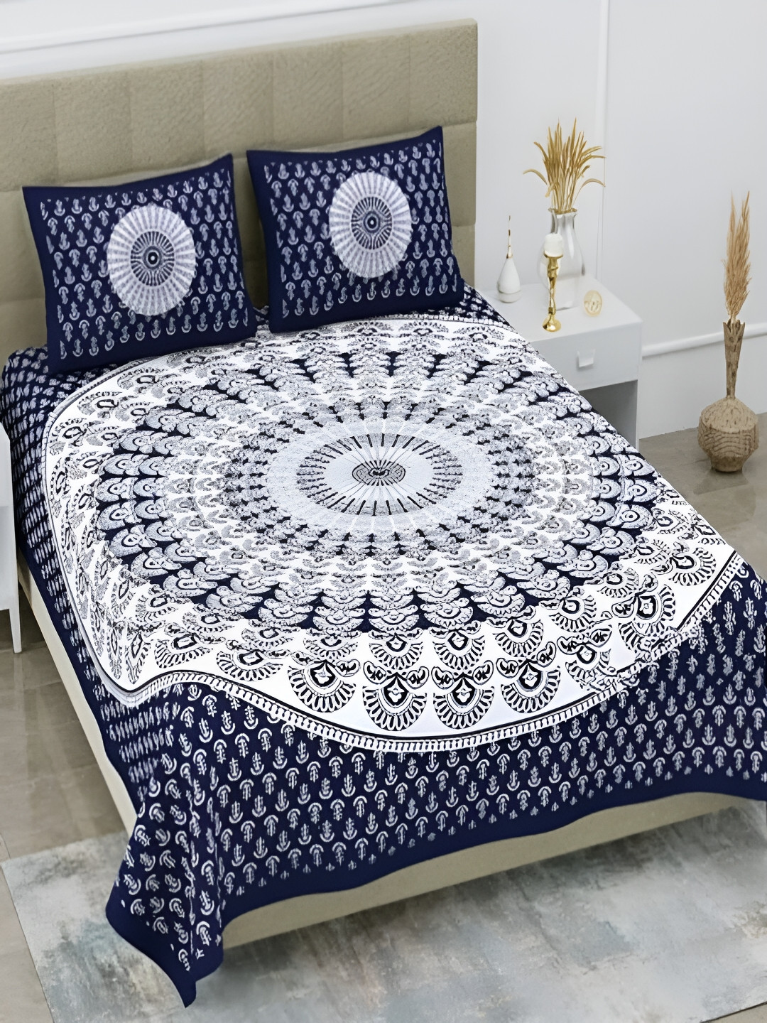 Runjhun Circle Mandala Blue Ethnic Motifs Pure Cotton 144 TC Queen Bedsheet with 2 Pillow Covers-90 x 39 inches