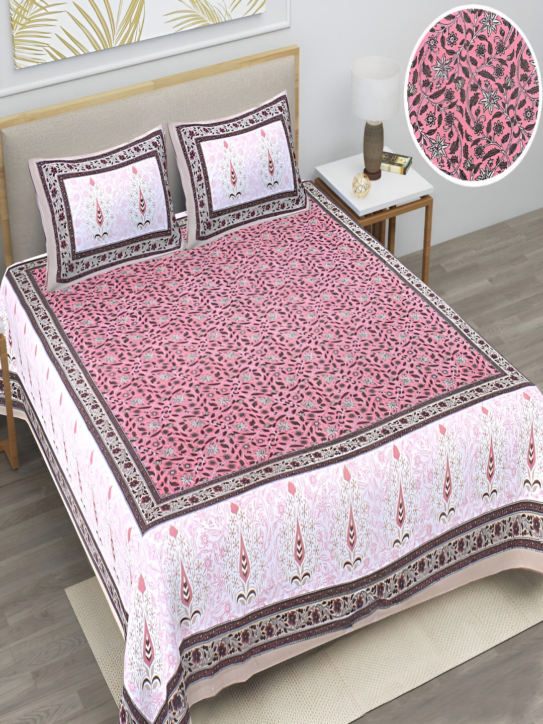 Runjhun Premium Brown Floral Cotton 144 TC Queen Bedsheet with 2 Pillow Covers-100 x 90 inches