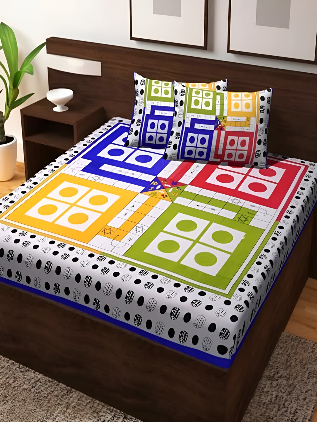 Runjhun Kids Ludo Printed Yellow Geometric Pure Cotton 144 TC Queen Bedsheet with 2 Pillow Covers-59 x 87 inches
