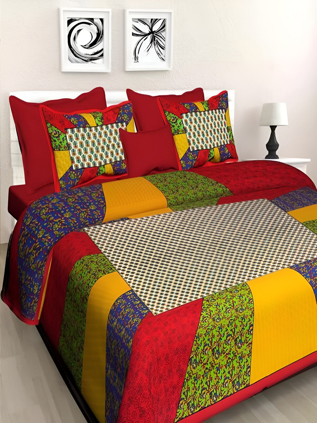 Runjhun Chokda Red Floral Pure Cotton 144 TC Queen Bedsheet with 2 Pillow Covers-100 x 90 inches