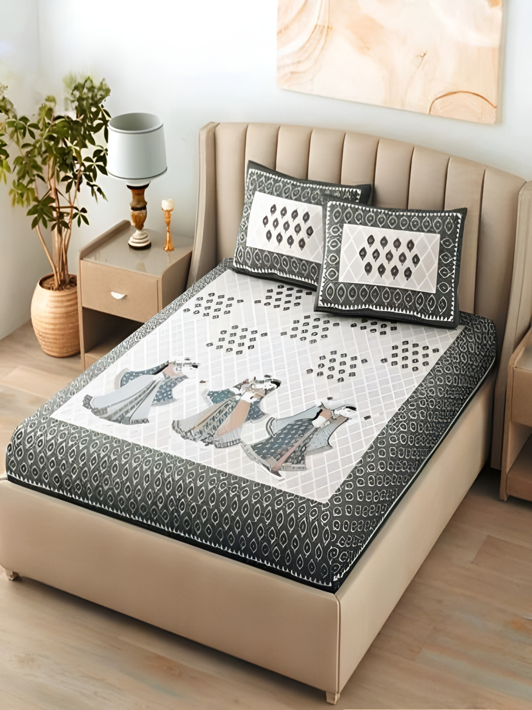 Runjhun Dancing Woman Beige Floral Pure Cotton 144 TC Queen Bedsheet with 2 Pillow Covers-100 x 90 inches