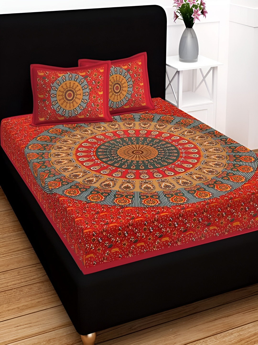 Runjhun Sanskriti Red Ethnic Motifs Cotton 144 TC Queen Bedsheet with 2 Pillow Covers-27 x 17 inches