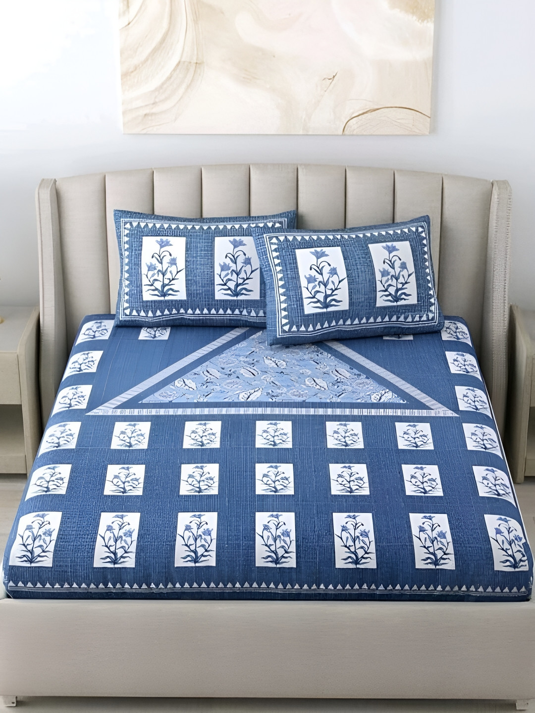 Runjhun Rajasthani Traditional Blue Floral Pure Cotton 144 TC Queen Bedsheet with 2 Pillow Covers-87 x 93 inches