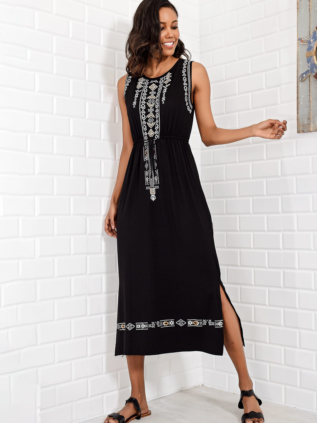 Trend Alacati stili Print Round Neck Sleeveless Fit and Flare Cotton Midi Dress
