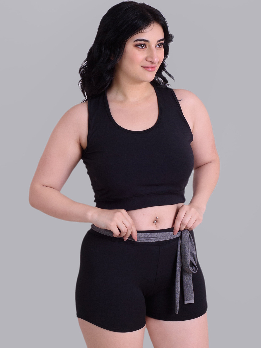 Keepfit Plus Size Belted Crop Top With Shorts Swimwear