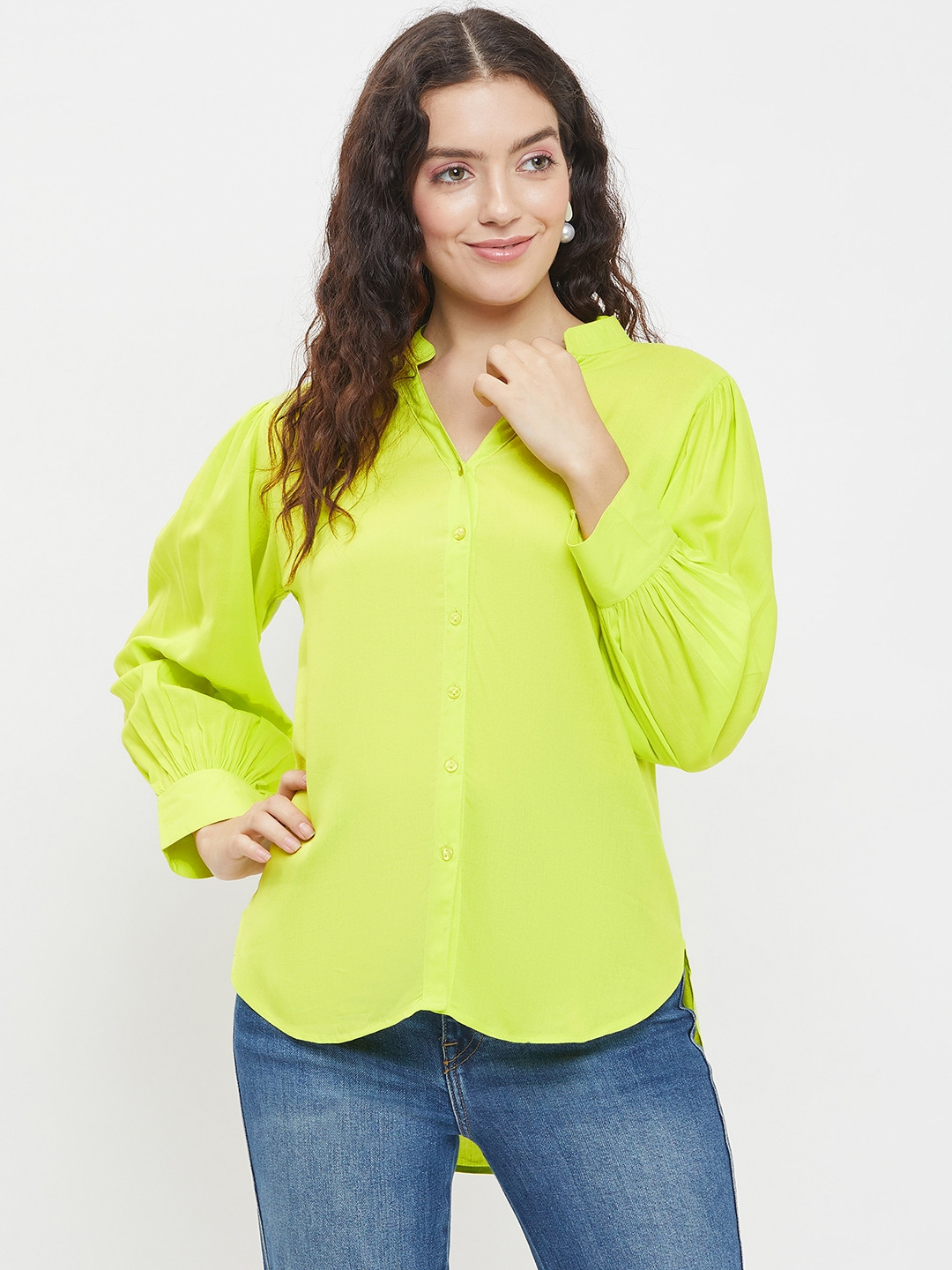 BAESD Mandarin Collar Classic Puff Sleeves Casual Shirt