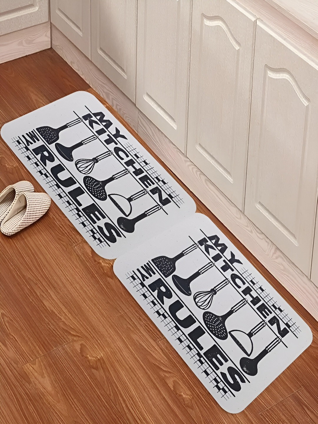 Kuber Industries White Black Printed Rectangle Kitchen Door Mat
