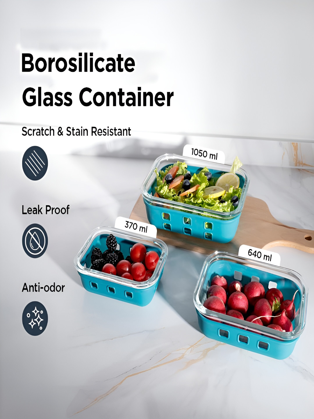 Kuber Industries Blue 3 Pieces Rectangular Lunch Boxes