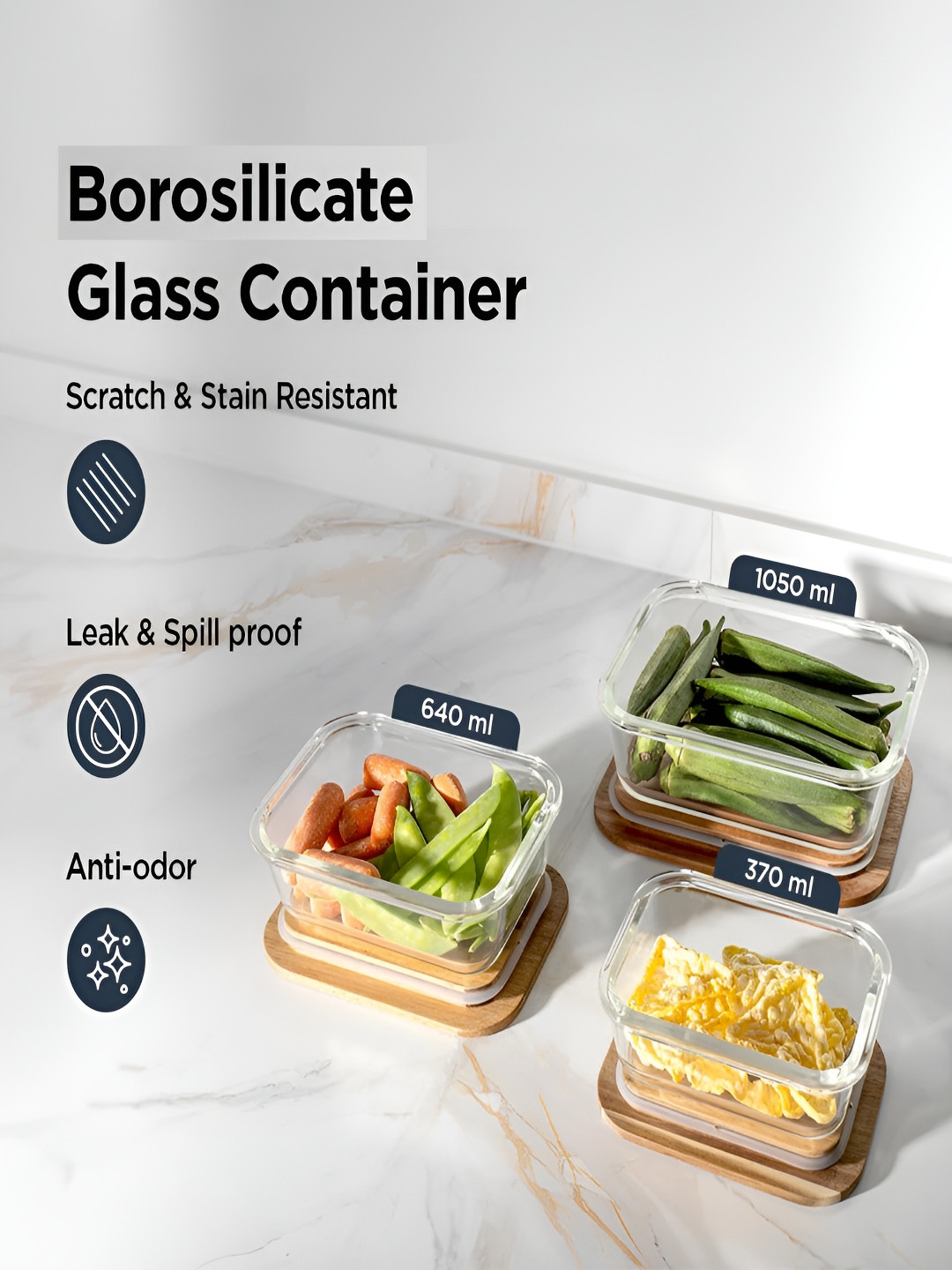 Kuber industries Transparent Glass Air Tight 3 Piece Screw Top Graduated Container