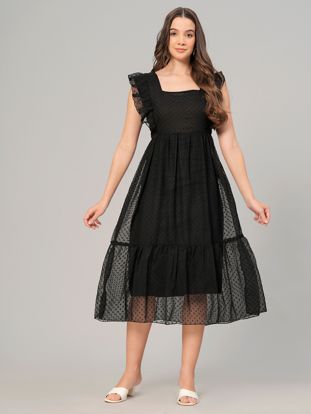 JC4U Self Design Square Neck Flutter Sleeves Dobby Weave A-Line Midi Dress