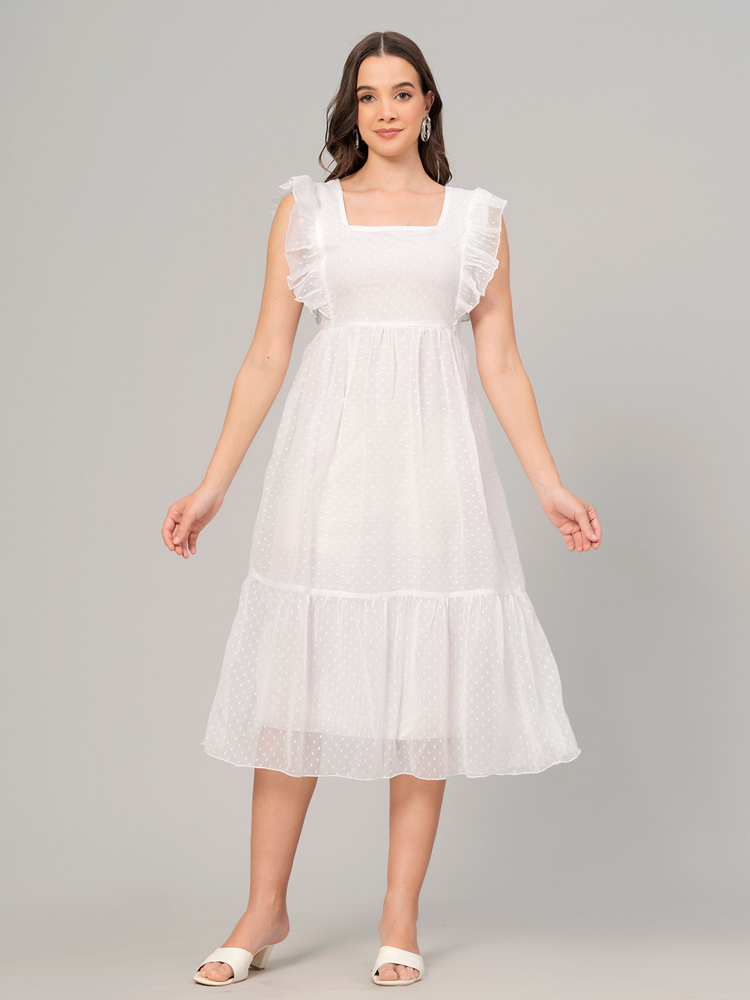 JC4U Self Design Square Neck Flutter Sleeve Georgette A-Line Midi Dress