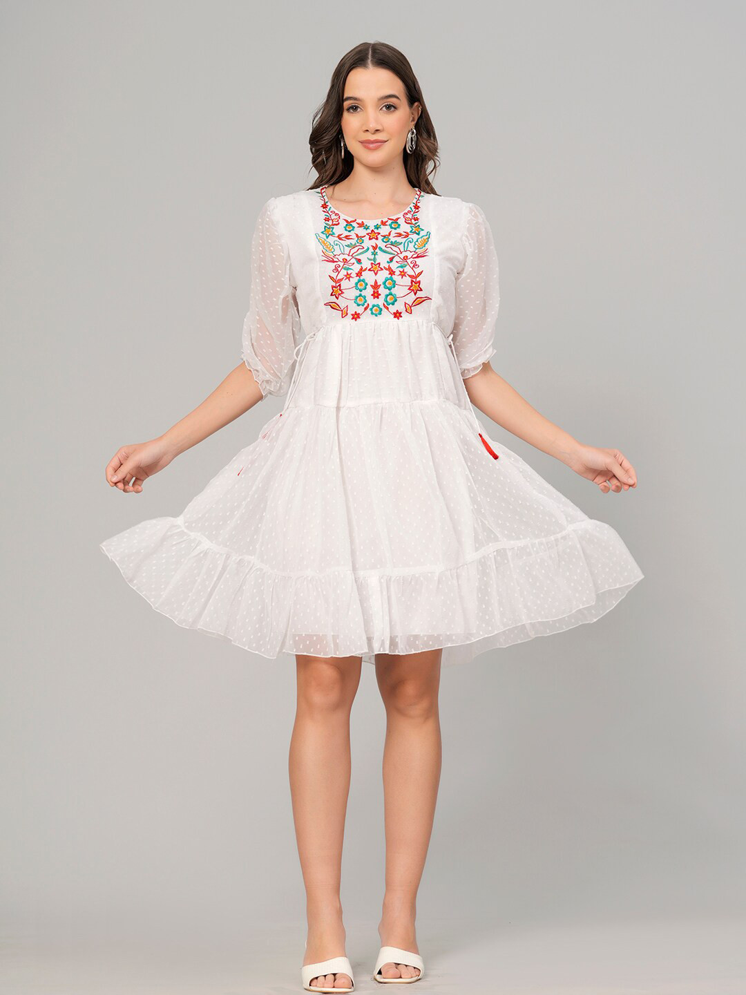 JC4U Self Designed Embroidered Tiered Georgette Fit & Flare Dress