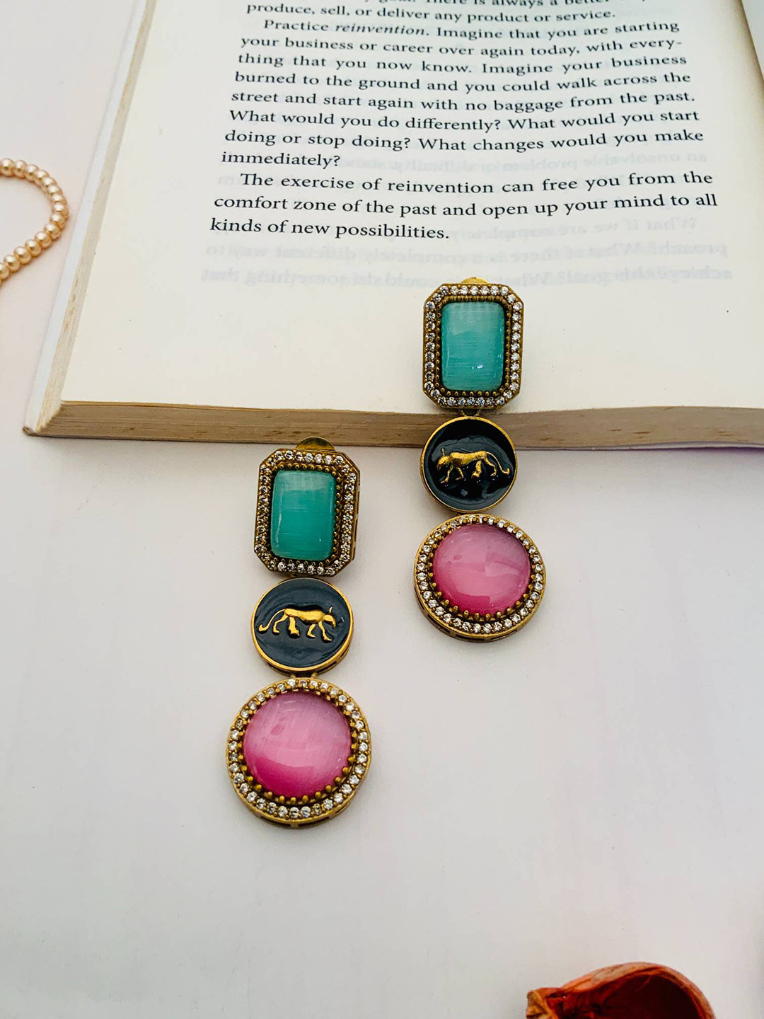 ABDESIGNS Gold-Plated Stone-Studded & Beaded Animal Shaped Drop Earrings