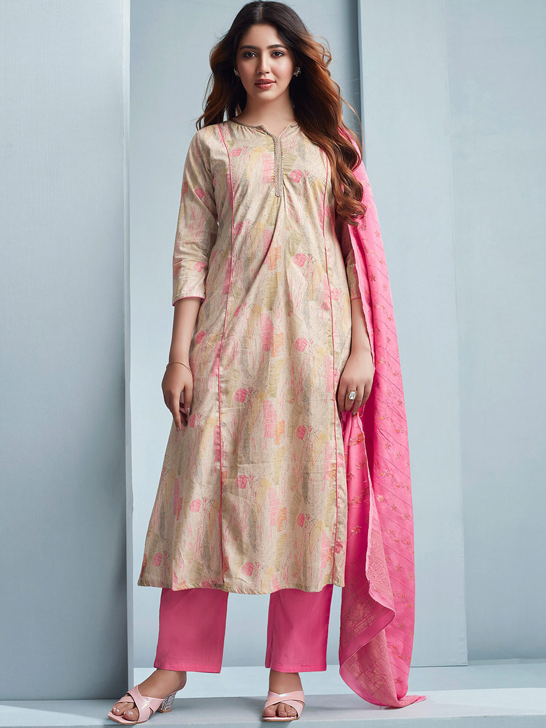 Peachmode Women Printed Regular Gotta Patti Pure Cotton Kurta with Trousers & With Dupatta