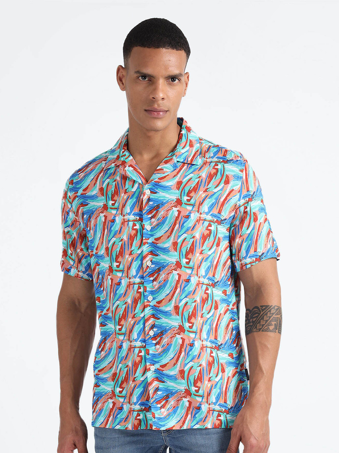 Flying Machine Abstract Printed Notch Collar Casual Shirt