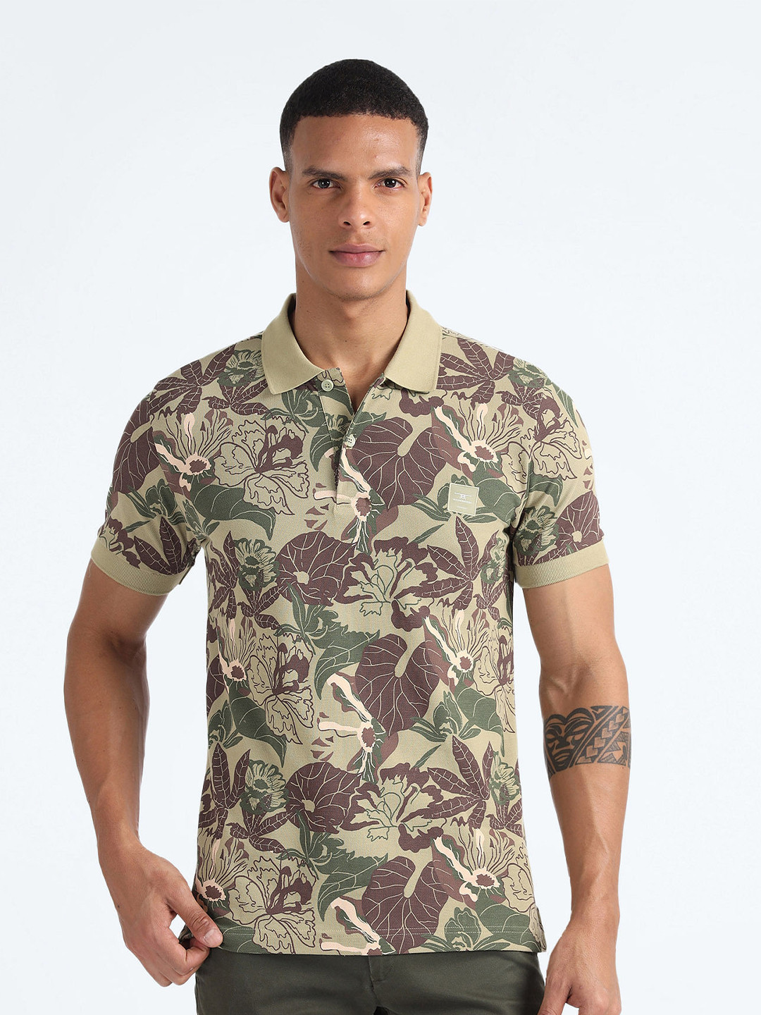 Flying Machine Floral Printed Cotton Polo Collar Short Sleeves Applique T-shirt