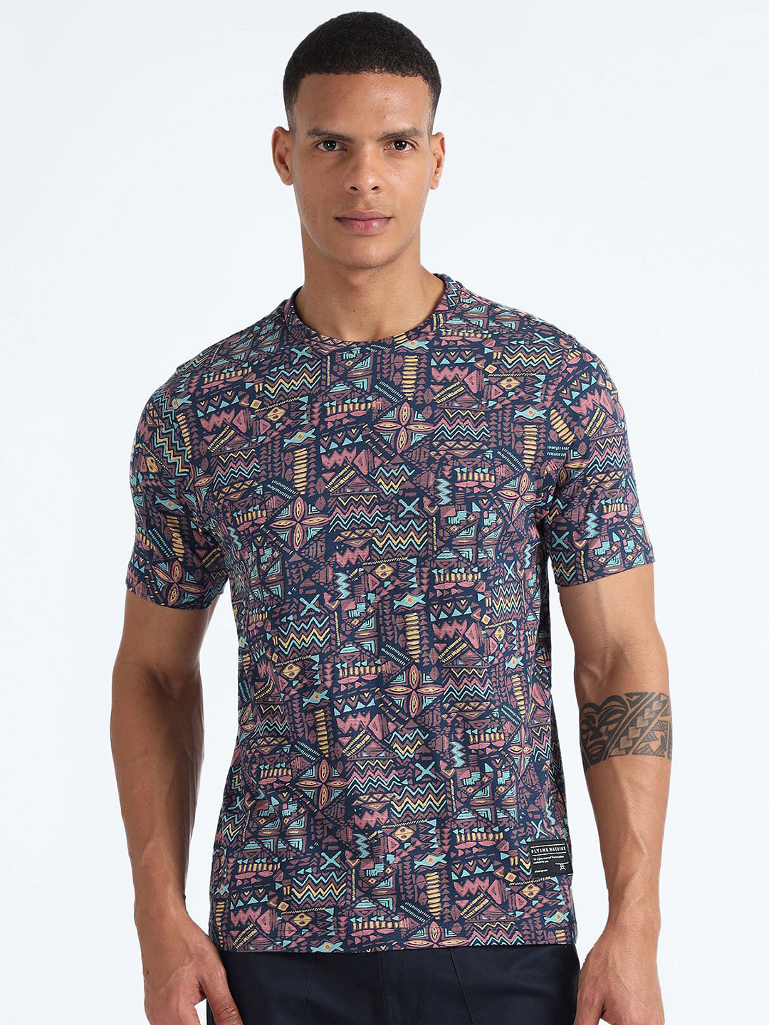 Flying Machine Abstract Printed Cotton Round Neck Short Sleeves Pockets Casual T-shirt